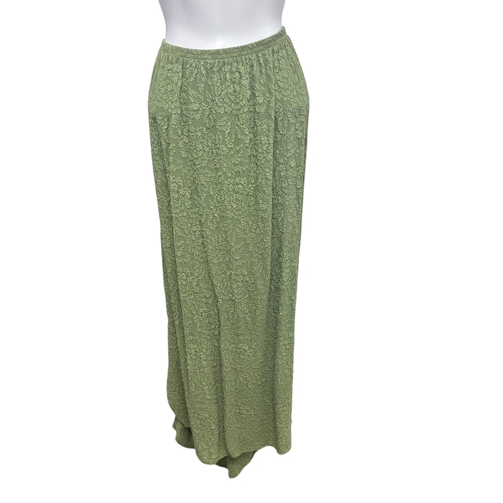 URU 100% Silk Sage Green Floral Jacquard Maxi Skirt XL Made in USA Lagenlook